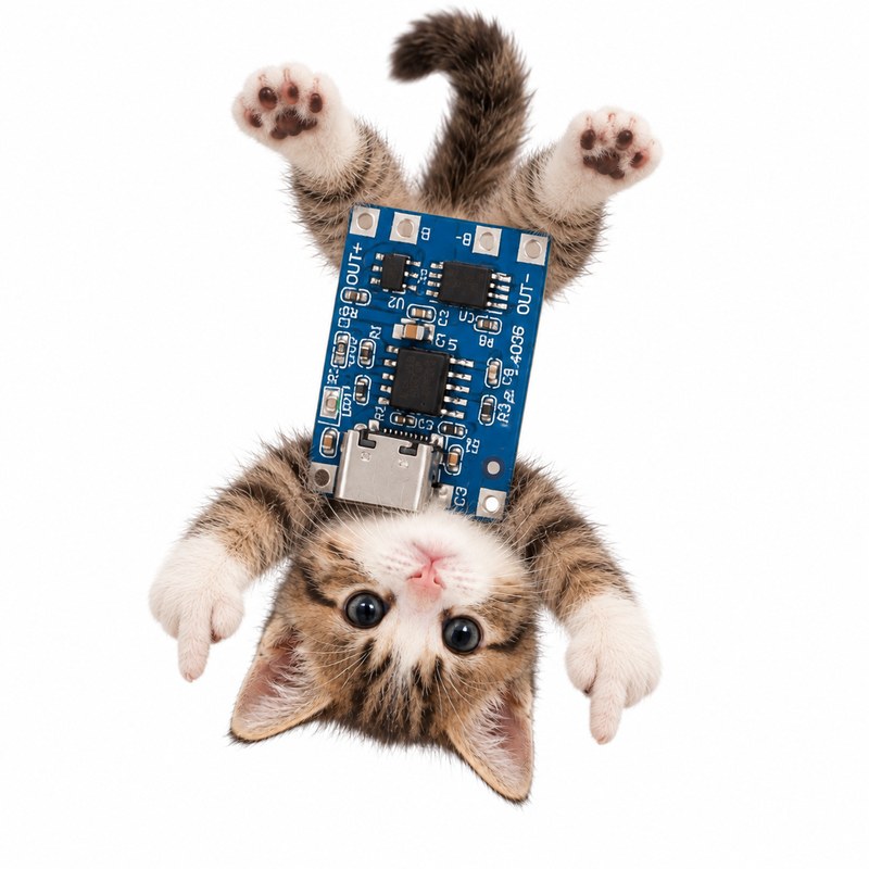 Tek, a tabby kitten upside down with paws in the air, hugging a blue USB-C charging board